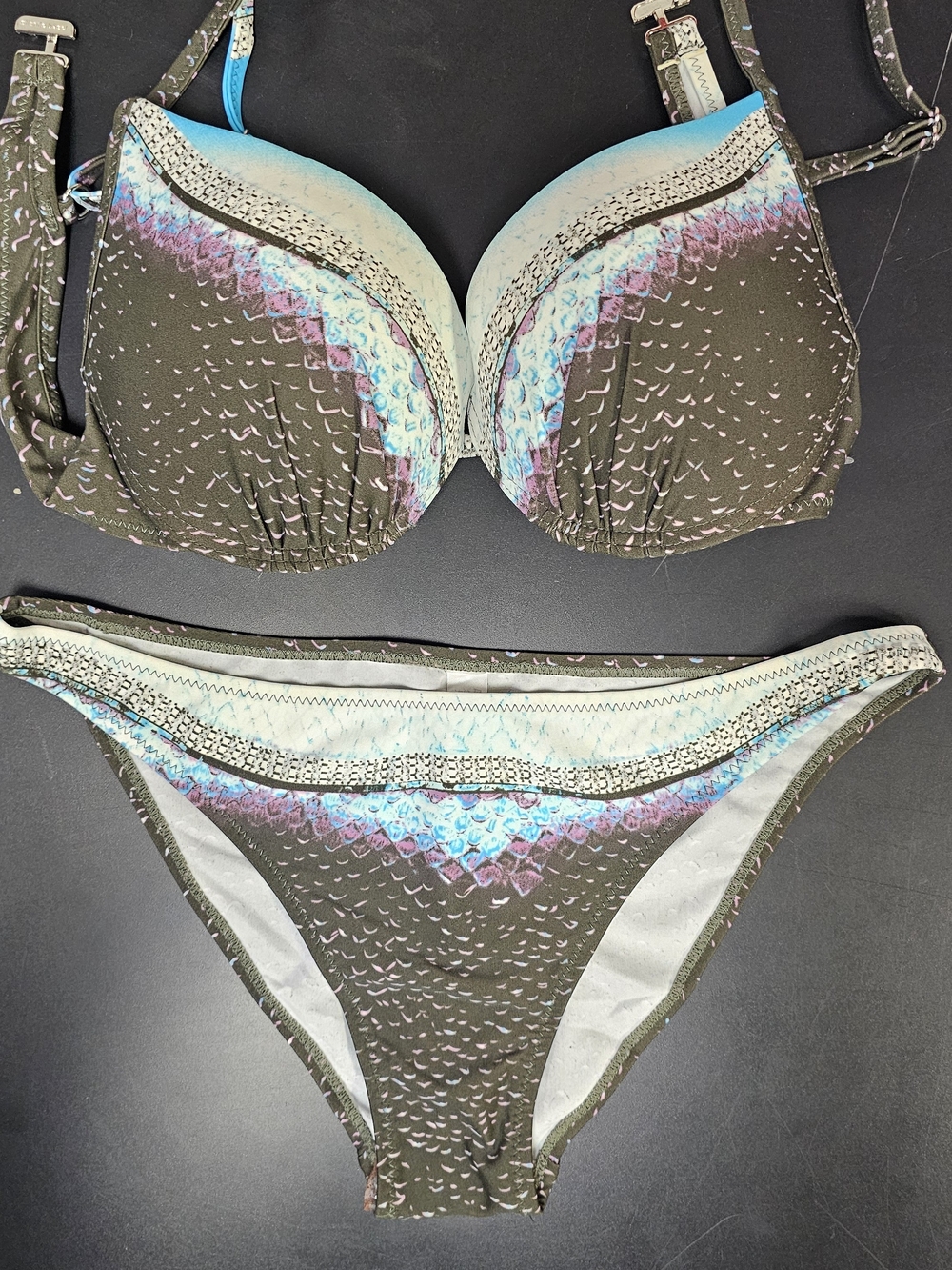Women’s Olive Patterned Underwire Bikini - Olive with Teal Accents